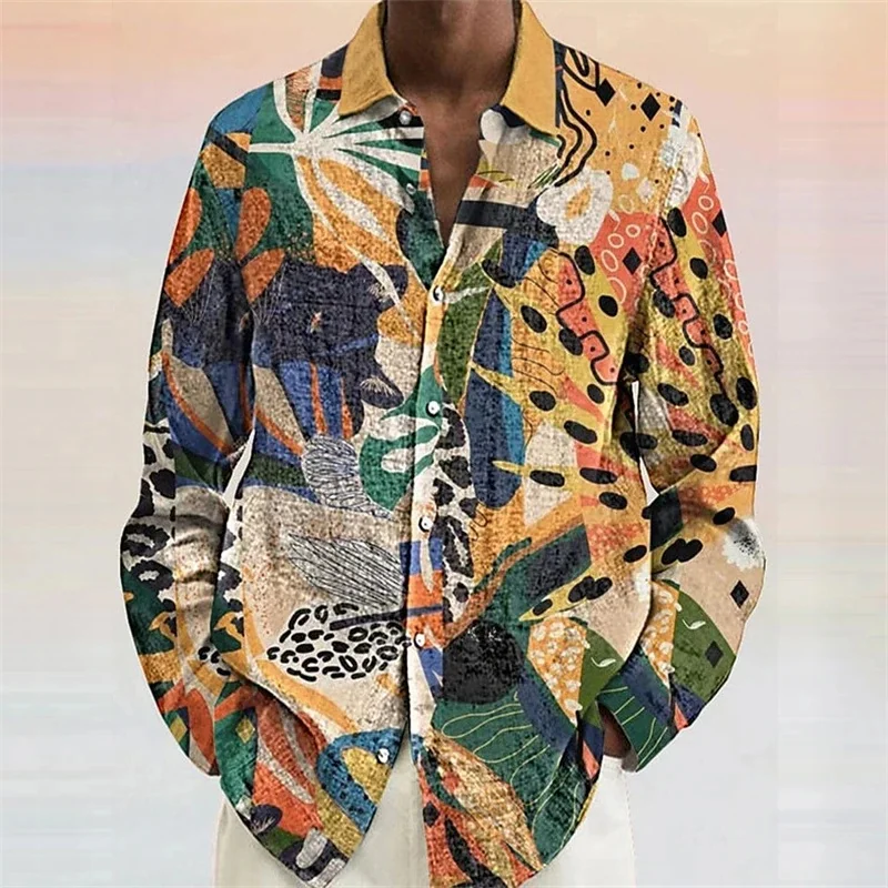 Men's shirt 3D summer long sleeve color block lapel outdoor street buttoned clothing fashionable casual breathable comfortable