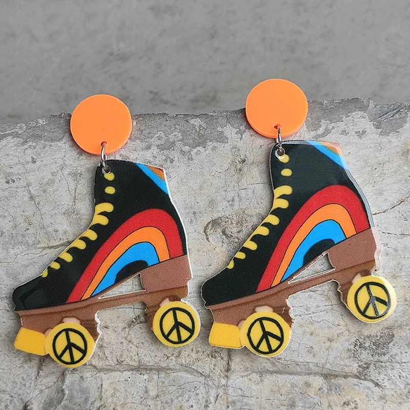 Fashion Earrings Retro Roller Skating Shoes Earrings Rainbow Peace Smiley Face Flowers Bright Oil Acrylic earrings Earrings Hot