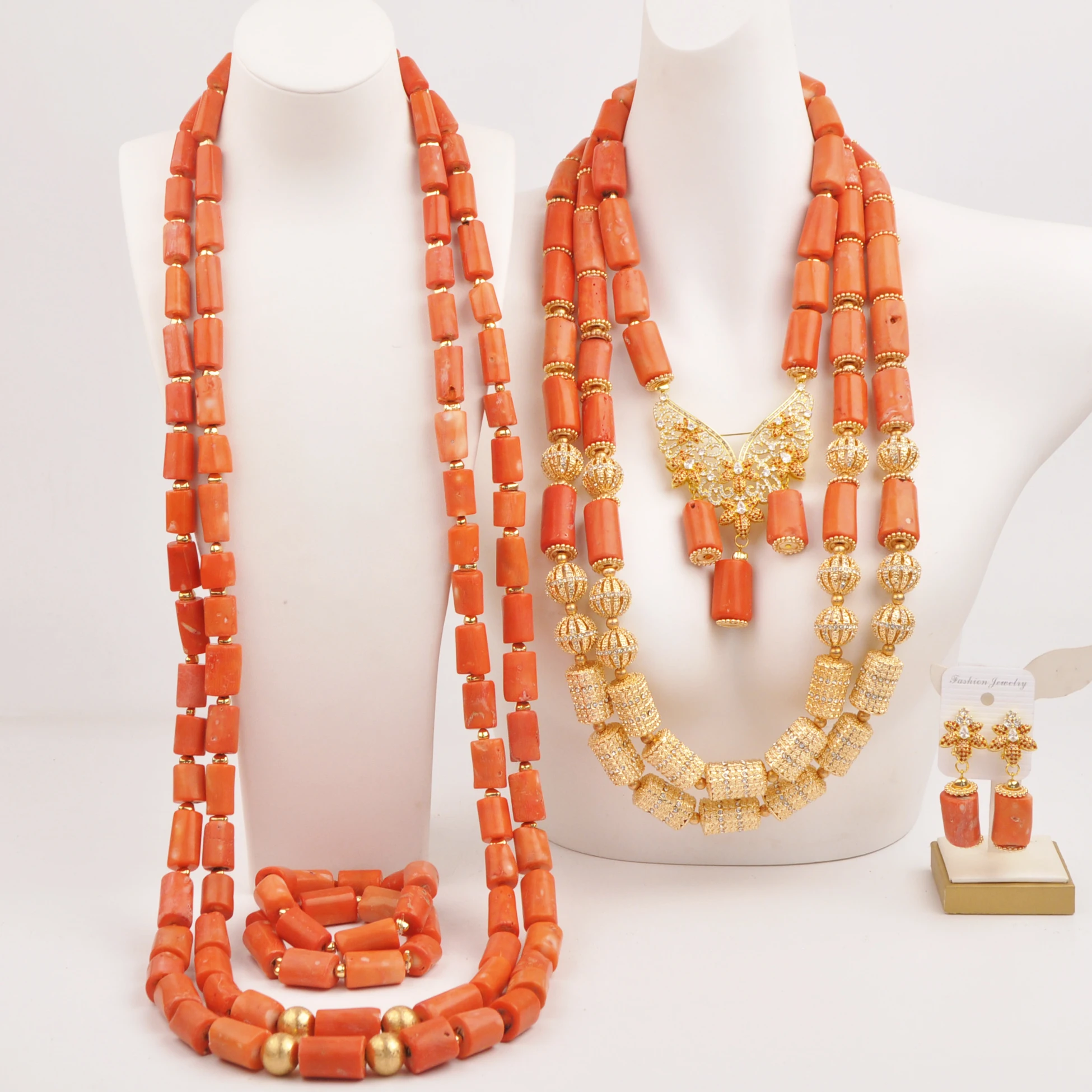 Orange Nigerian Original Coral Bead Necklace for Couple African Wedding Jewelry Sets