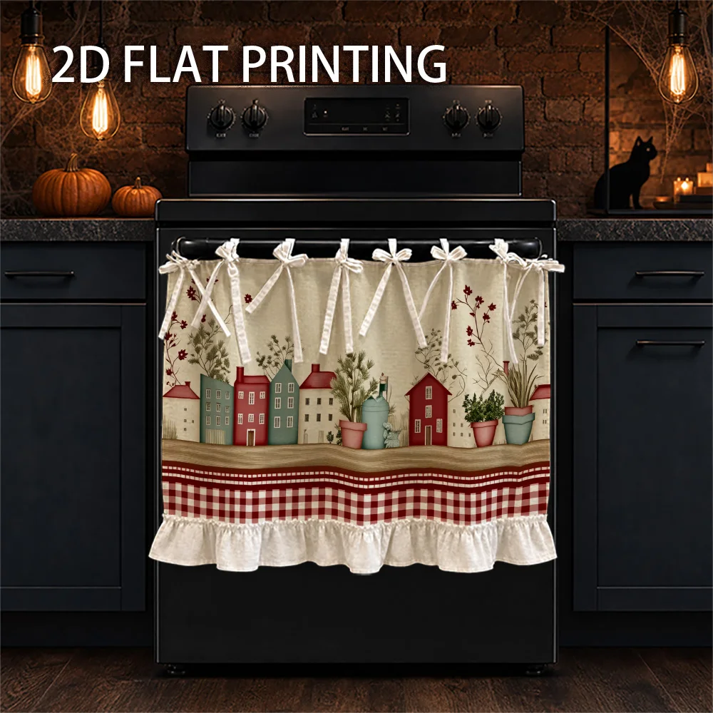 1PC kitchen stove curtain, cabinet curtain, apron. Designed with 2D graphics featuring village houses and potted plants. It can