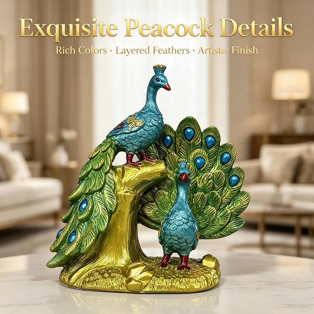 Luxury Resin Peacock Statue Figurine, Colorful Peacock Couple Sculpture, Elegant Home Decor for Living Room, Shelf, Table, Gift