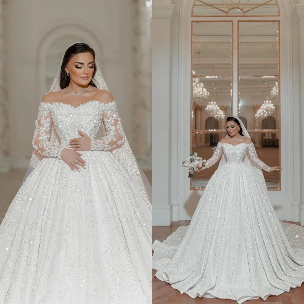 

Customized High Quality White Organza Wedding Dress Temperament Strapless Dress Off the Shoulder Long Sleeves Bridal Gowns