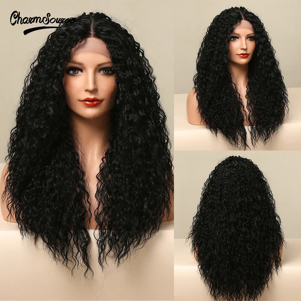 CharmSource Synthetic Front Lace Wigs Long Curly Wig Black Brown Wigs for Woman Cosplay Daily  Hair High Density Heat Resistance