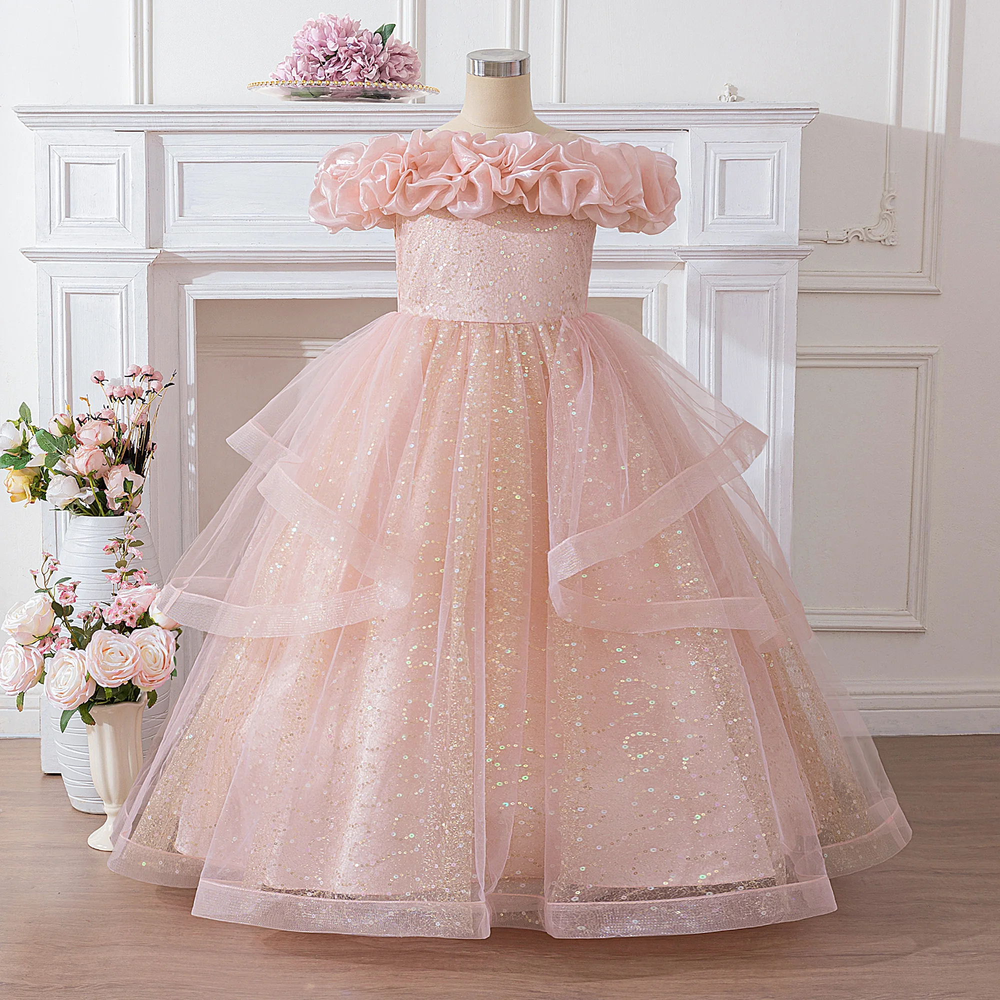 Fashion Flower Party Bridesmaid Girl Dresses Christmas Costume Elegant Wedding Princess Dress Girl First Communion Birthday Gown