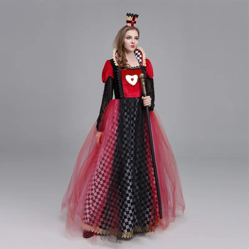 Women Red Queen of Hearts Dresses Alice Wonderland Princess Cosplay Deluxe Carnival Halloween Party Dress Up Performance Costume