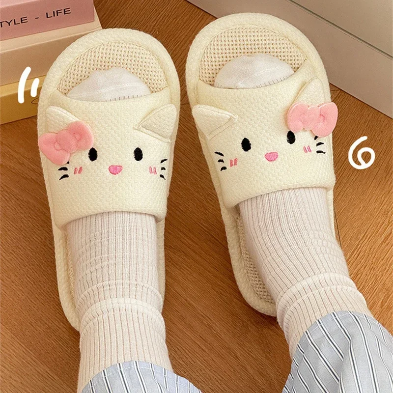 Sanrio Kawaii Hello Kitty Cotton Hemp Drag Non-Slip Breathable General Home Couple Soft Bottom Cartoon Linen Slippers Female