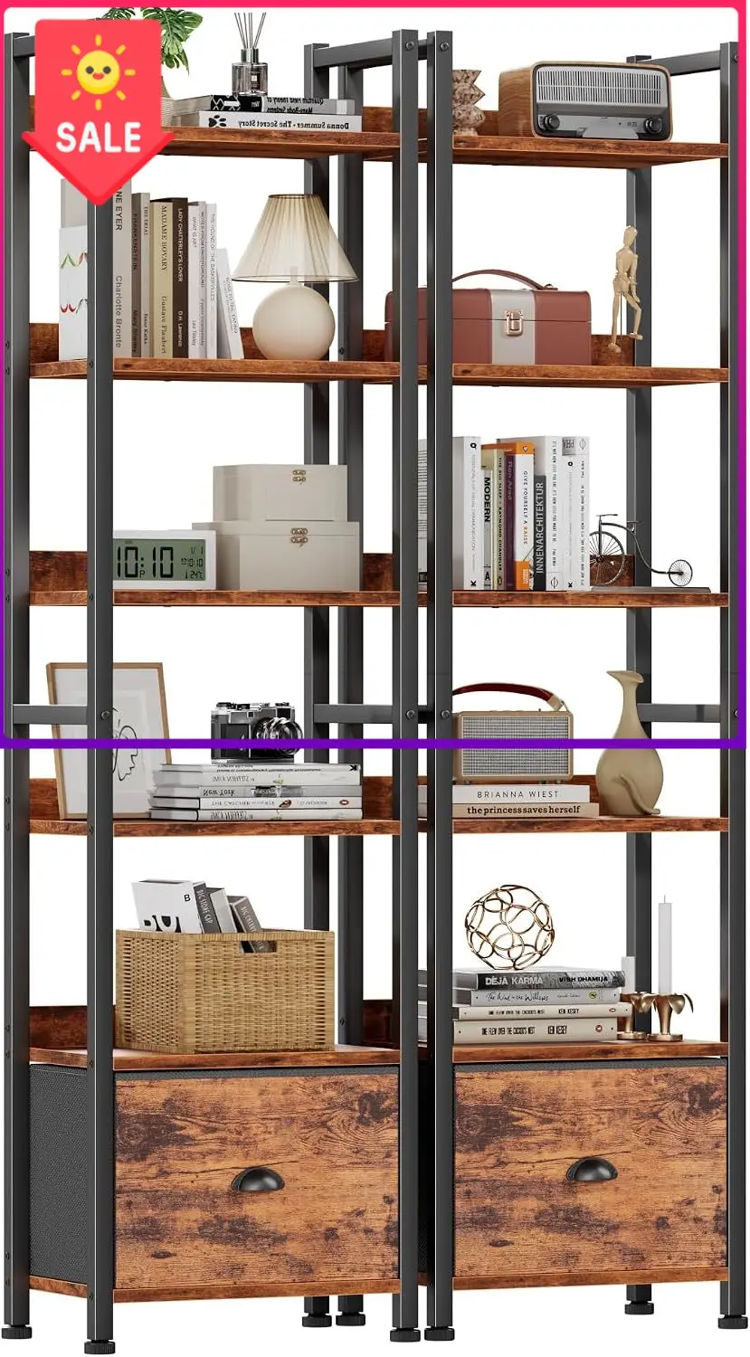 Furologee Book Shelf Set of 2, 6 Tier Tall Shelf with Drawer, Bookshelves and Bookcases Set of 2, Industrial Display Shelving Un