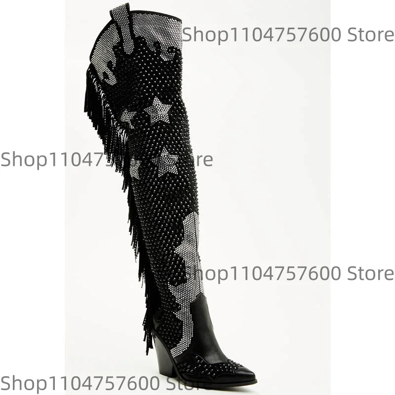 Women's Black Over The Knee Boots Fringe Rhinestone Embellishment Pointed Toe Chunky Heel Botas Music Festivals Party Lady Boot