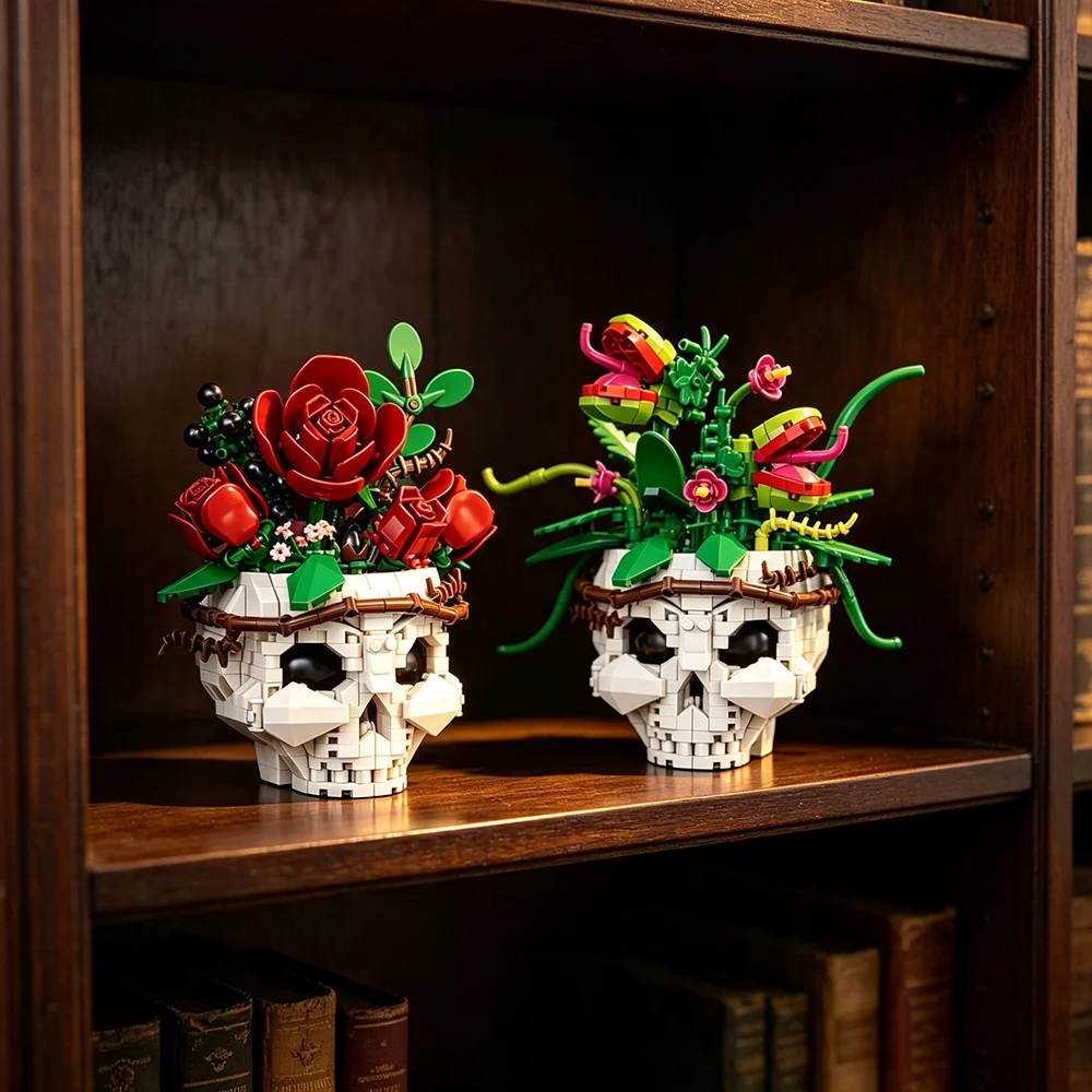 Gothic Skull Building Blocks Set Multiple Styles Floral Skeleton Model Halloween Home Desktop Decor Collectible Gift for Adults