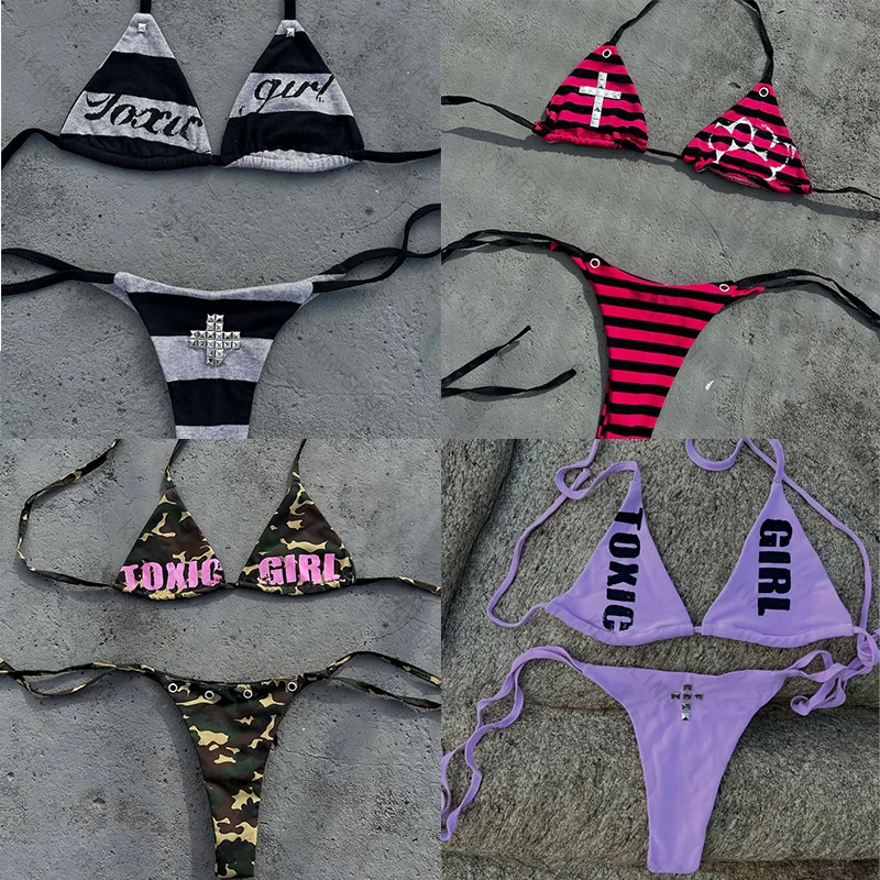 

Subculture Y2k Punk style Rivet Cross Bikini European and American Summer Stripe Camouflage Multi color Hot Girls Split Swimsuit