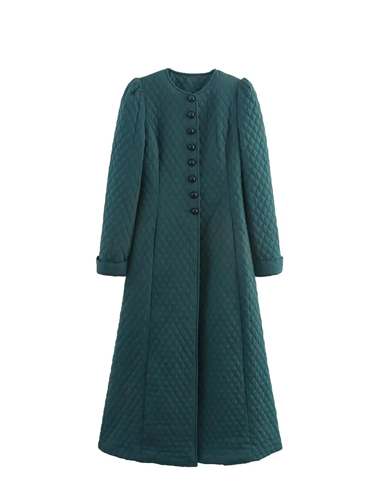 

HH Women's Autumn Winter New Long Needle Small Diamond Plaid Quilted Embroidered Waist Jacket Female Round Neck Thermal Coat