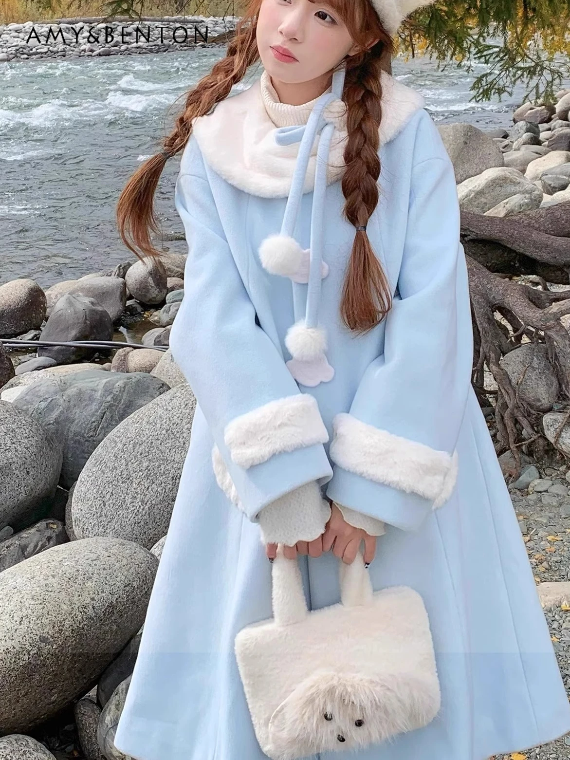 

Милое плюшевое кукольное пальто средней длины с синим бантом и мультяшным принтом, шерстяная куртка, осенне-зимнее однобортное пальто для милых девочек, женское