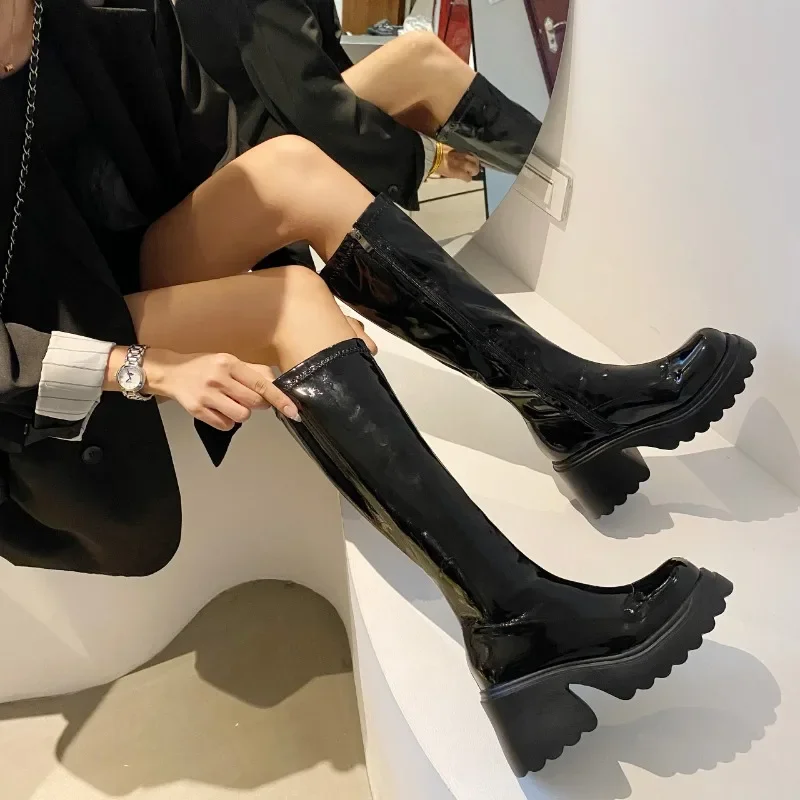 2024 Spring and Autumn High Quality Women\'s Boots Fashion Round Toe Solid Color Medium Heel Glossy Sleeve Women\'s High Boots