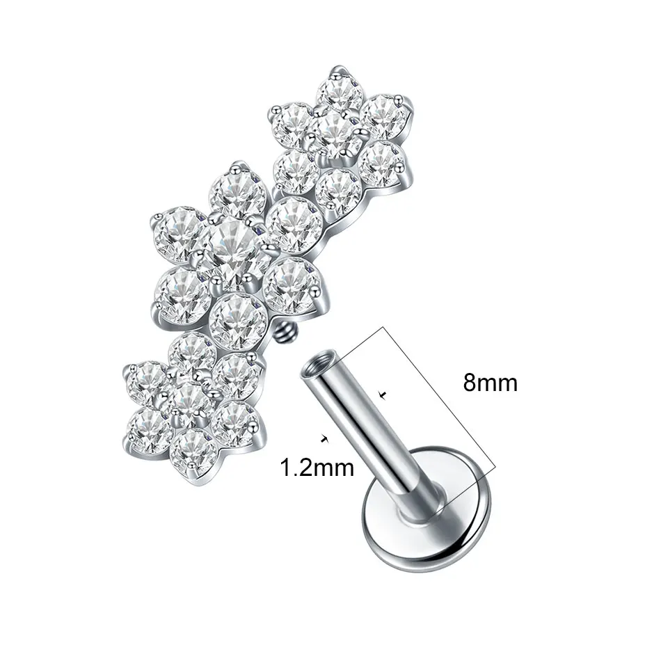 1/5 قطعة التيتانيوم Labret الأذن الزنمة القرط مربط داخليا الخيوط الزركون زهرة الشفاه الغضروف اللولب الثقب النساء مجوهرات 16 جرام #2