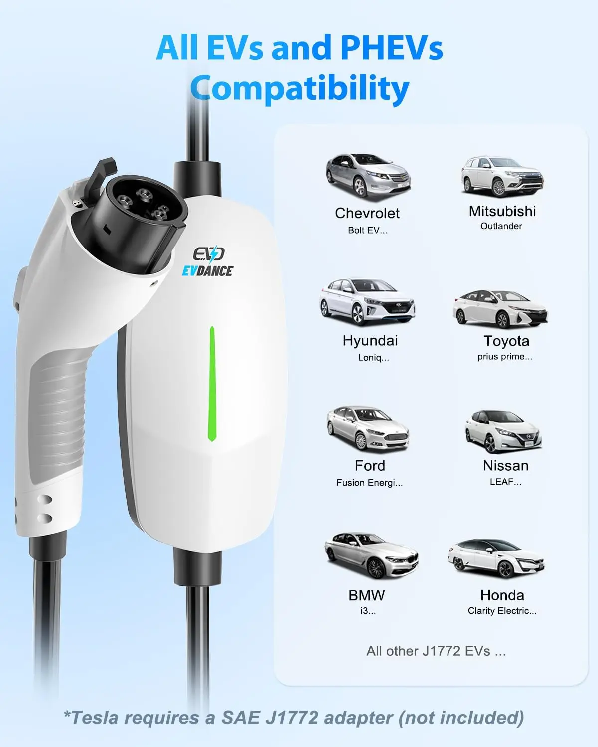 EVDANCE Portable Level 1/2 EV Charger for J1772 Electric Cars 16A 110V-240V Charging Station with NEMA 6-20 Plug 5-15 Adapter