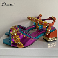 Luxury Rivet T-Strap Sandals Women Jeweled Crystal Square Heel Genuine Leather Mixed Color Party Shoes Summer