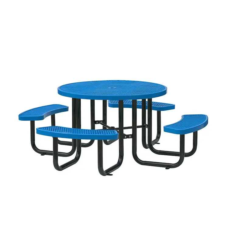 outdoor park modern circular perforated steel picnic camping table patio large expanded metal round dining table and chair