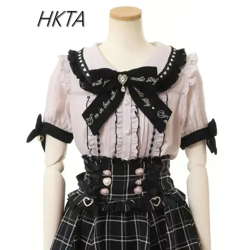 DY20로지타 스타일 레이스 보우 인형 칼라 로리타 셔츠 여름 패션 여성용 탑 스윗 라인스톤 보우 슬림 반팔 블라우스