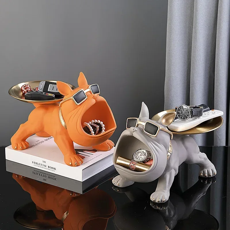 Nordic French Bulldog Butler with Tray Big Mouth Dog Statue Storage Box Animal Resin Sculputre Figurine Home Décor Gift