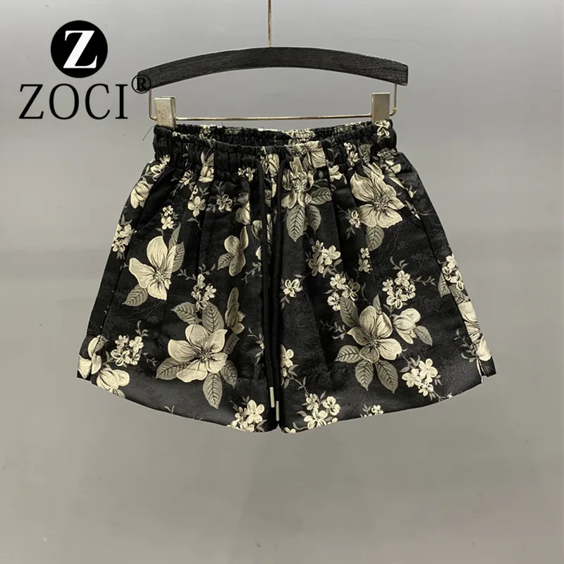 Zhui-jacquard shorts casuais para as mulheres, cintura elástica, ajuste solto, calças perna larga, perna larga, verão