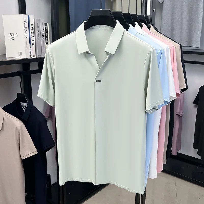 Mens Ice Silk Hidden Single Button Lapel Collar Short Sleeve Dress Shirts Slim Fit Soft Wrinkle Free Breathable Summer Tops