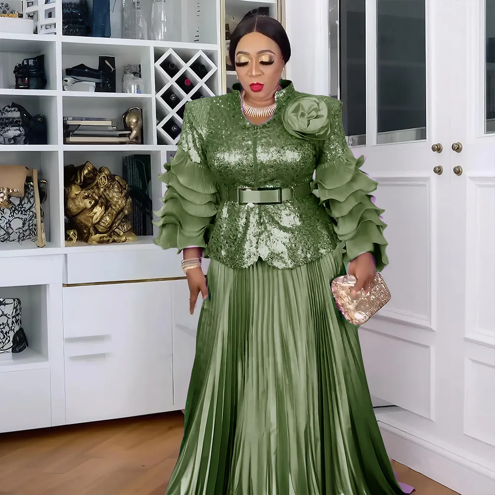 الملابس الأفريقية للنساء 2 قطعة مجموعات بلوزات وتنانير الدعاوى الترتر Dashiki أنقرة وتتسابق ثوب حجم كبير فساتين حفلات الزفاف #1