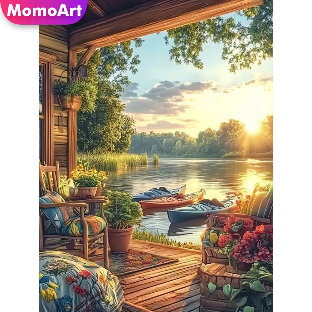Momoart Schiffs-Diamantmalerei Landschaft Vollquadrat Runde Diamanten Mosaik Fluss DIY Stickerei Sonnenuntergang Wohnzimmer Kunsthandwerk