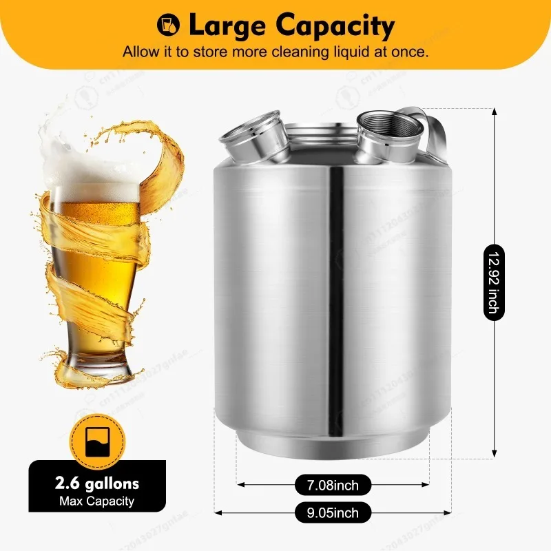 10L Stainless Steel Beer Line Cleaning Keg for Draft Beer Machine, 3-Head Cleaning Barrel Food Storage Bucket W/ A/S-Type Spears