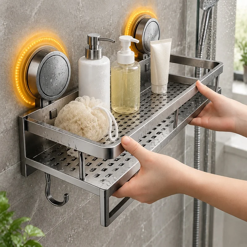 Wall-Mount Aluminum Bathroom Shelf with Suction Hooks, No-Drill Storage Rack for Shower and Toilet Essentials