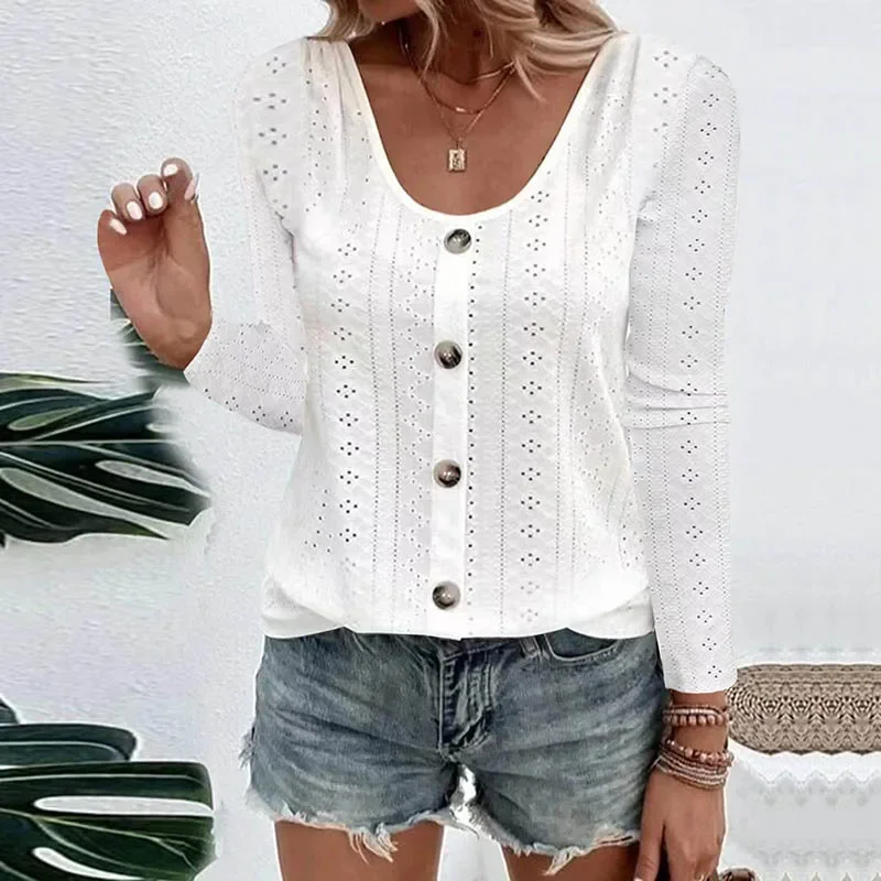 

Women T-shirt Long-sleeved Casual Round Neck Loose Single-breasted Top VEWE