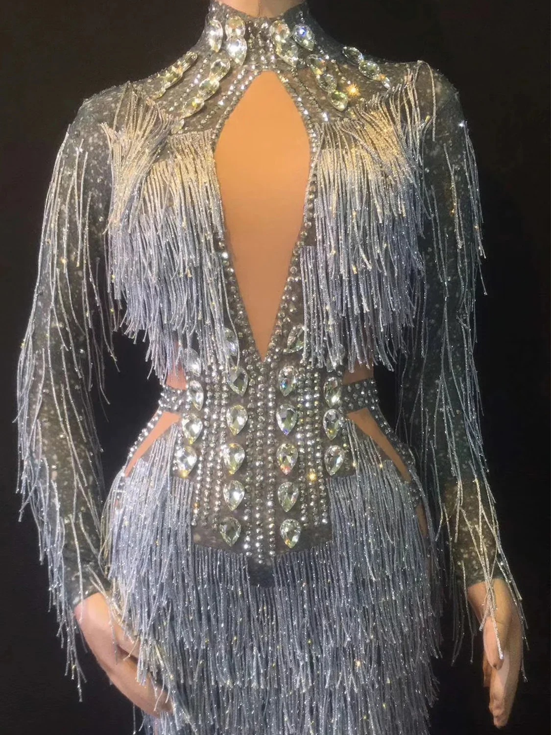Robe de soirée moulante pour femmes, strass scintillants, franges en cristal, scintillante, boîte de nuit, spectacle, vêtements de scène