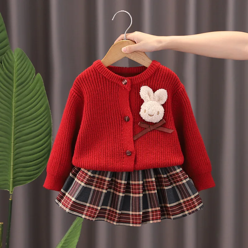 Girls Suit Autumn Spring Style Baby Girl New Year Princess Skirt Children's Knitted Sweater One-year-old  Plaid Pleated Skirt