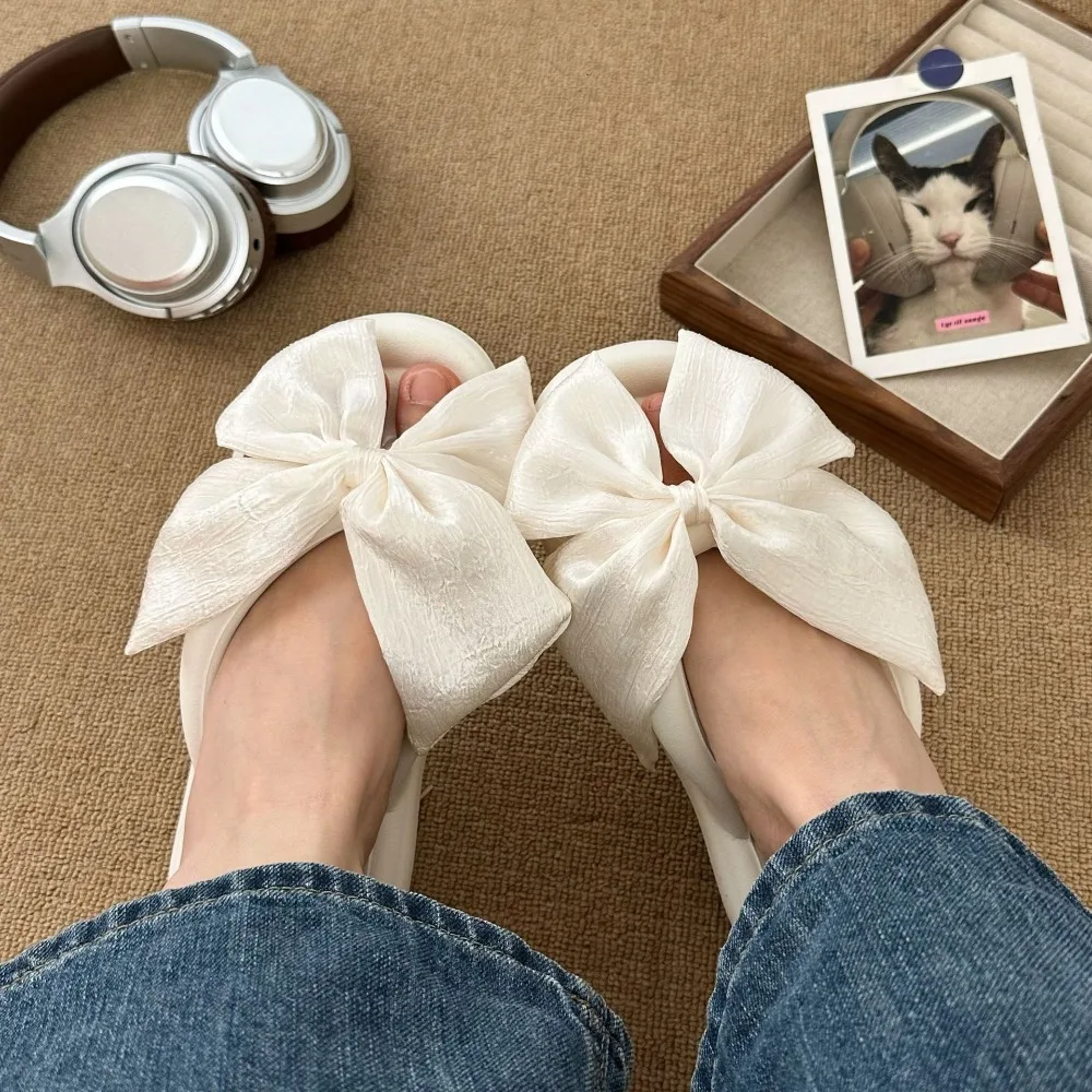 

Cloth White Bowknot White Bowknot Flip Flops Beachwear Outerwear Shoes Bow Flat Soled Slippers Korean Ins Style Anti Slip