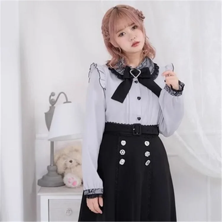 Harajuku simples lapela pescoço camisas de renda para mulheres, blusas de manga comprida Y2K grunge lolita, novo arco, outono, 2024