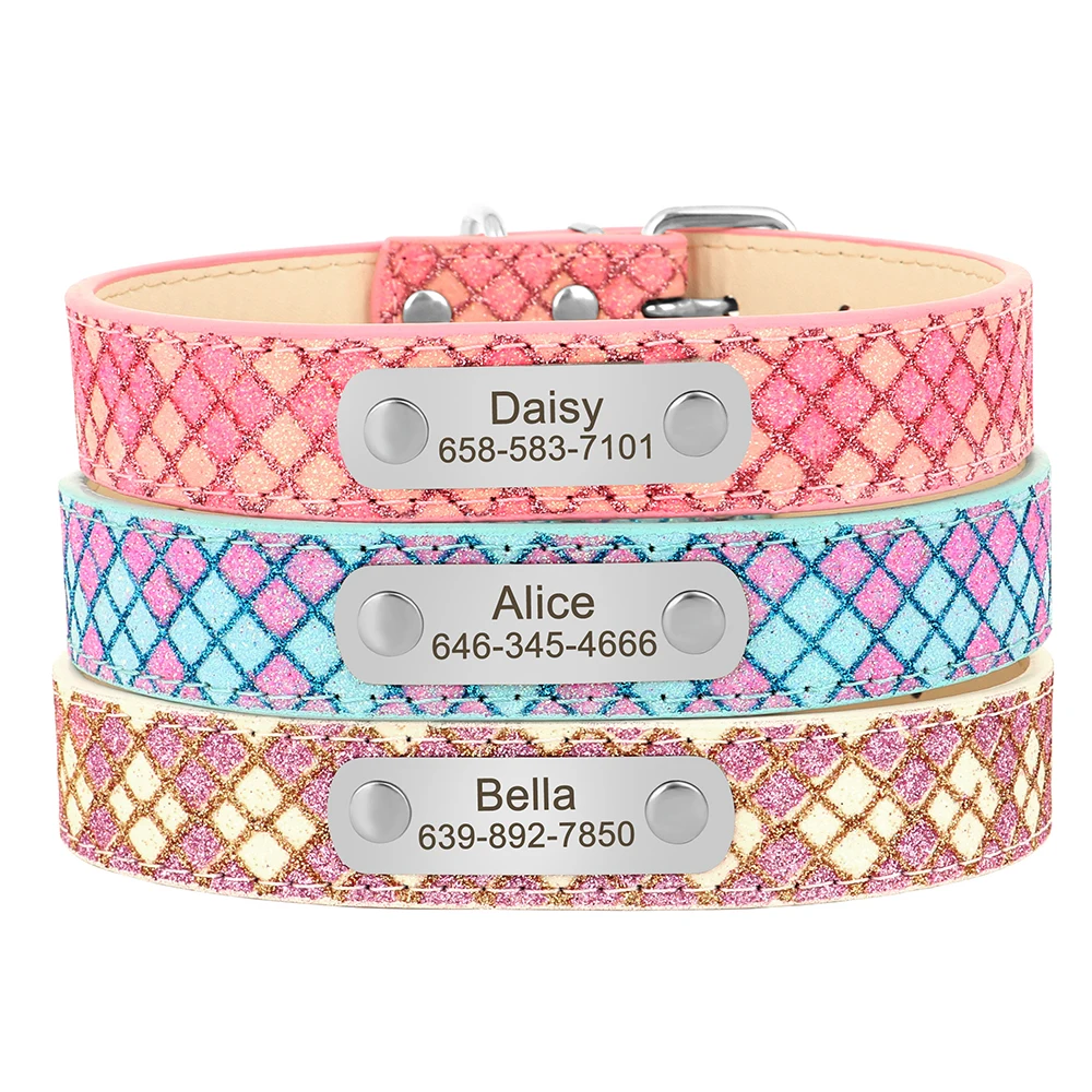 Customized Dog Collar Personalized Puppy Dog ID Collars Bling PU Leather Free Engraved Name Tag For Small Medium Dogs Cats