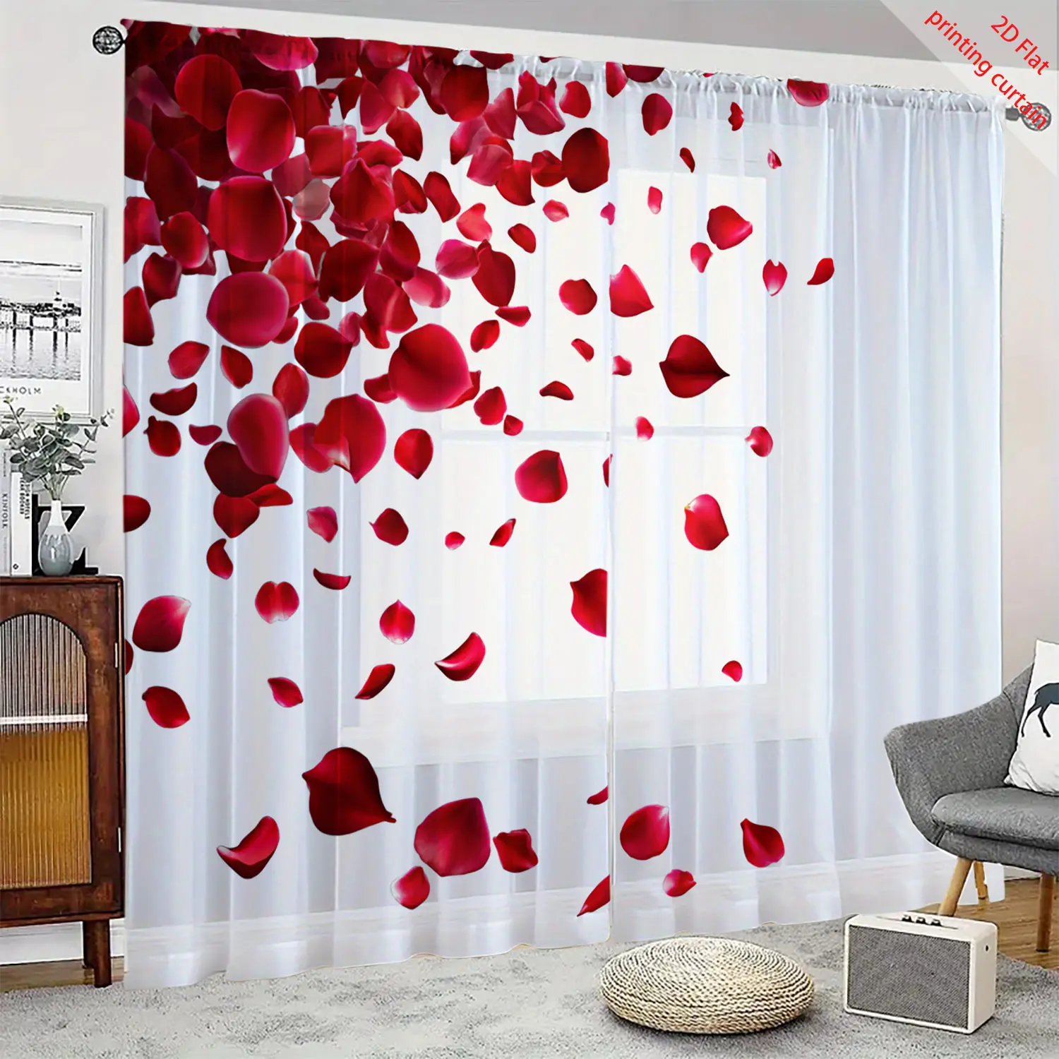 Scattered Petal Printed Transparent Gauze Curtain for Office Home Living Room Balcony Windows Aesthetic Decorative Sheer Curtain