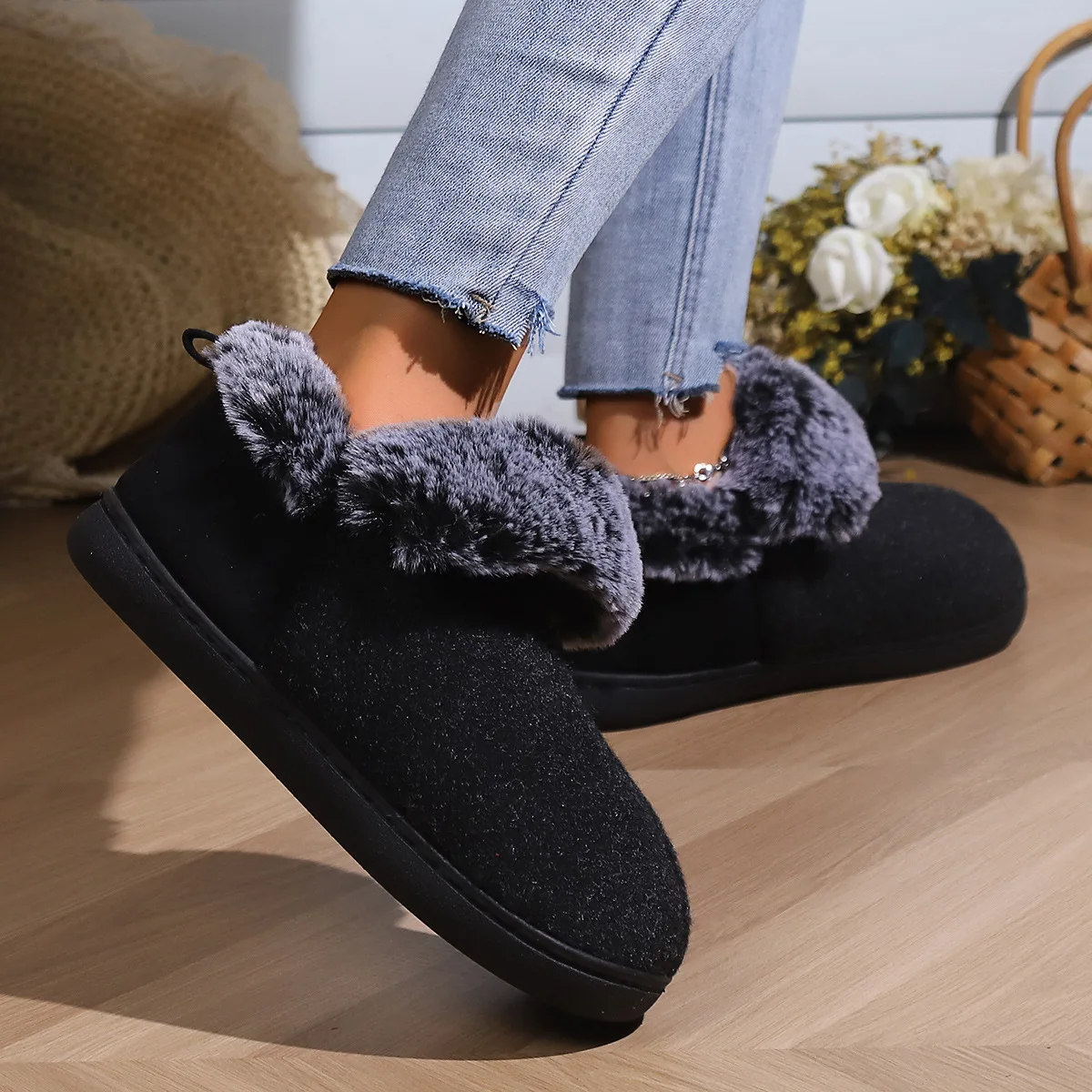 Smile Pop New Men Plush Slippers Indoor Fluffy Fur Home Men Slippers Outdoor Warm Closed Soft Non-slip Fuzzy Winter Men Shoes