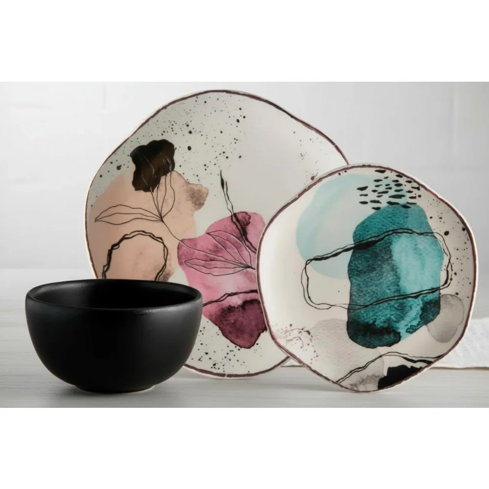 

12-Piece Irregular Shape Watercolor Ceramic Dinnerware Set | Plates & Bowls | Service for 4 | Elegant Dining