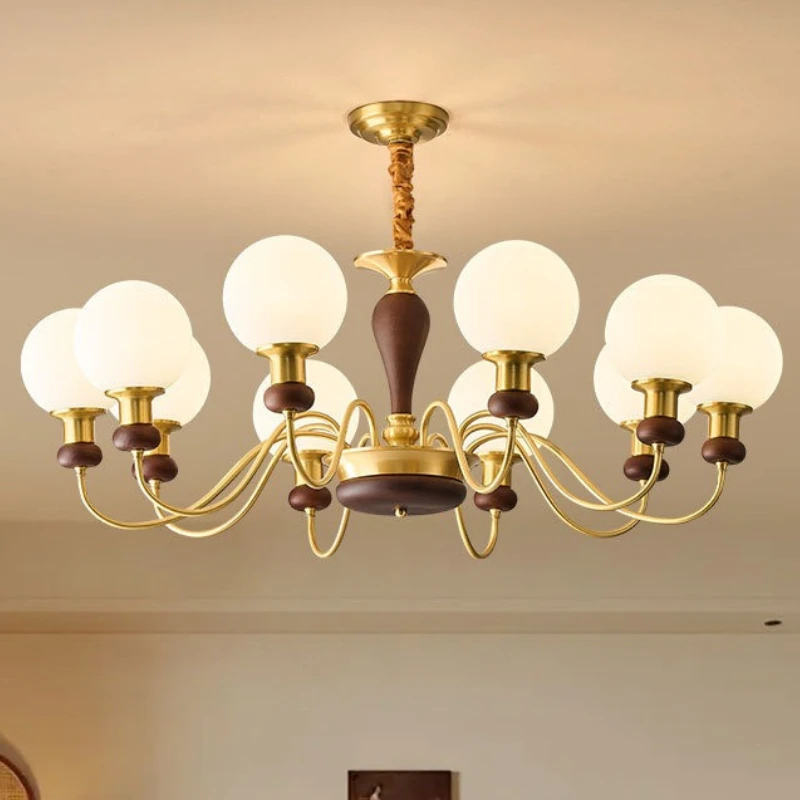 

French All Copper Wooden Ceiling Chandeliers White Glass Ball Hanging Lamp Living Room Bedroom Restaurant Kitchen Pendant Lights