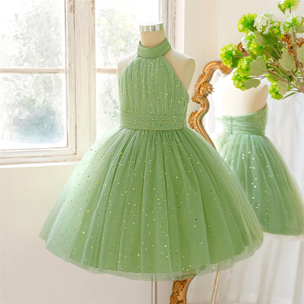 Girls Party Dress with Backless and Sparkly Applique Princess Skirt for Birthday Host Piano Performance Outfit