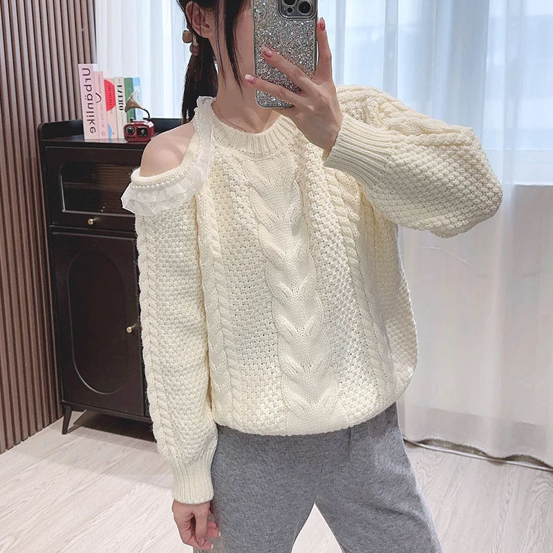 

2024 Autumn Winter Sexy Off Shoulder Pullovers Long Sleeve Thick Warm Jumpers Women's Solid Color O-Neck Twist Knitted Sweater