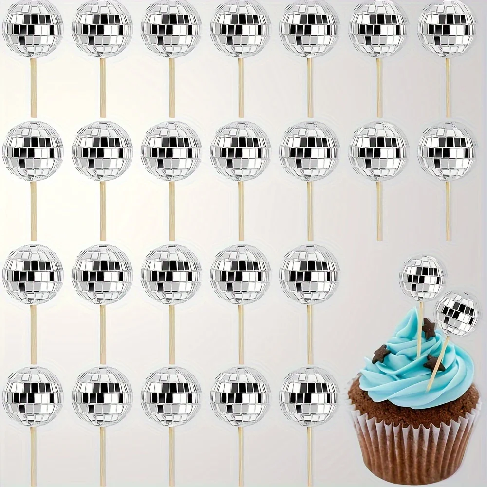 10 Stück 3cm Silber Rosa Discokugel Cupcake-Topper Disco-Thema Kuchendekoration Spiegelkugel mit Holzstab Feiertagsparty-Requisiten – Detail 7