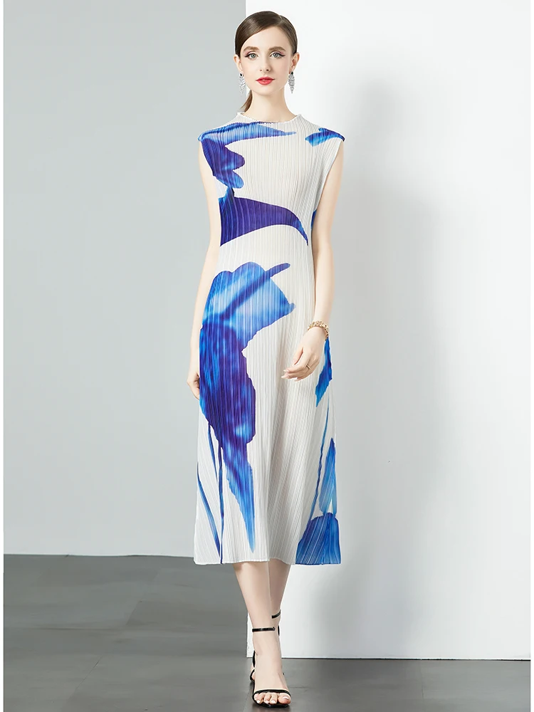 

Gentle Pleated Svel Elastic Waist Midi Dr Summer 2024 Women's Faion Ele Print Skirt H-ape Long Vest Dr