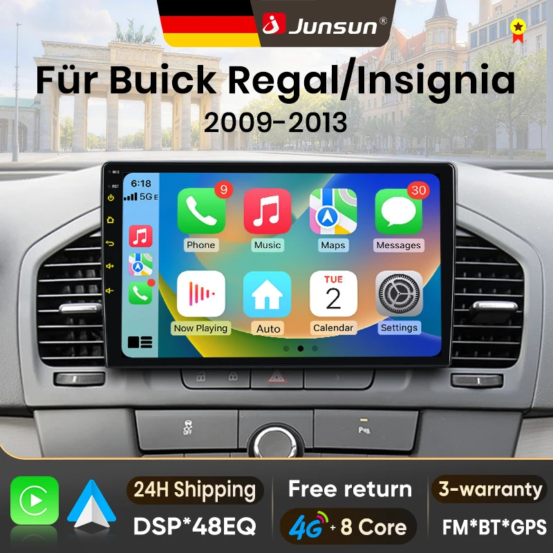 Autoradio Android 15 9 pouces Junsun pour Buick Regal Opel Insignia 2009-2013, sans fil pour Apple CarPlay, écran IPS, lecteur multimédia vidéo, systèmes intelligents automobiles, autoradio 2 Din, navigation GPS, BT 4G WIFI, 8 cœurs, FM DSP RDS DAB