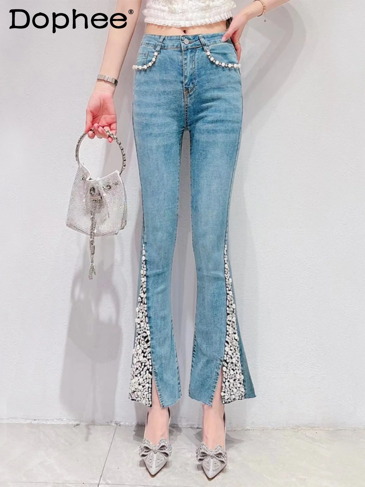 

Korean Style Sweet Heavy Industry Luxury Rhinestone Slit Hemline At Hem Bootcut Pants Female Summer Cropped Pants Fashion Jeans