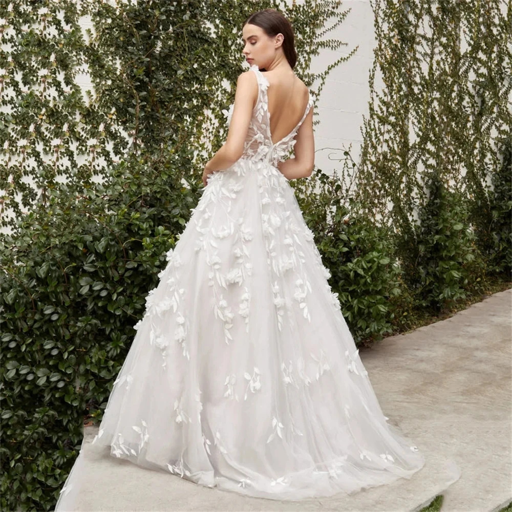 Gorgeous Wedding Dresses V-Neck A-Line Vestidos De Novia 2024 Sleeveless Backless Sexy Bridal Gowns Appliques For Formal Party