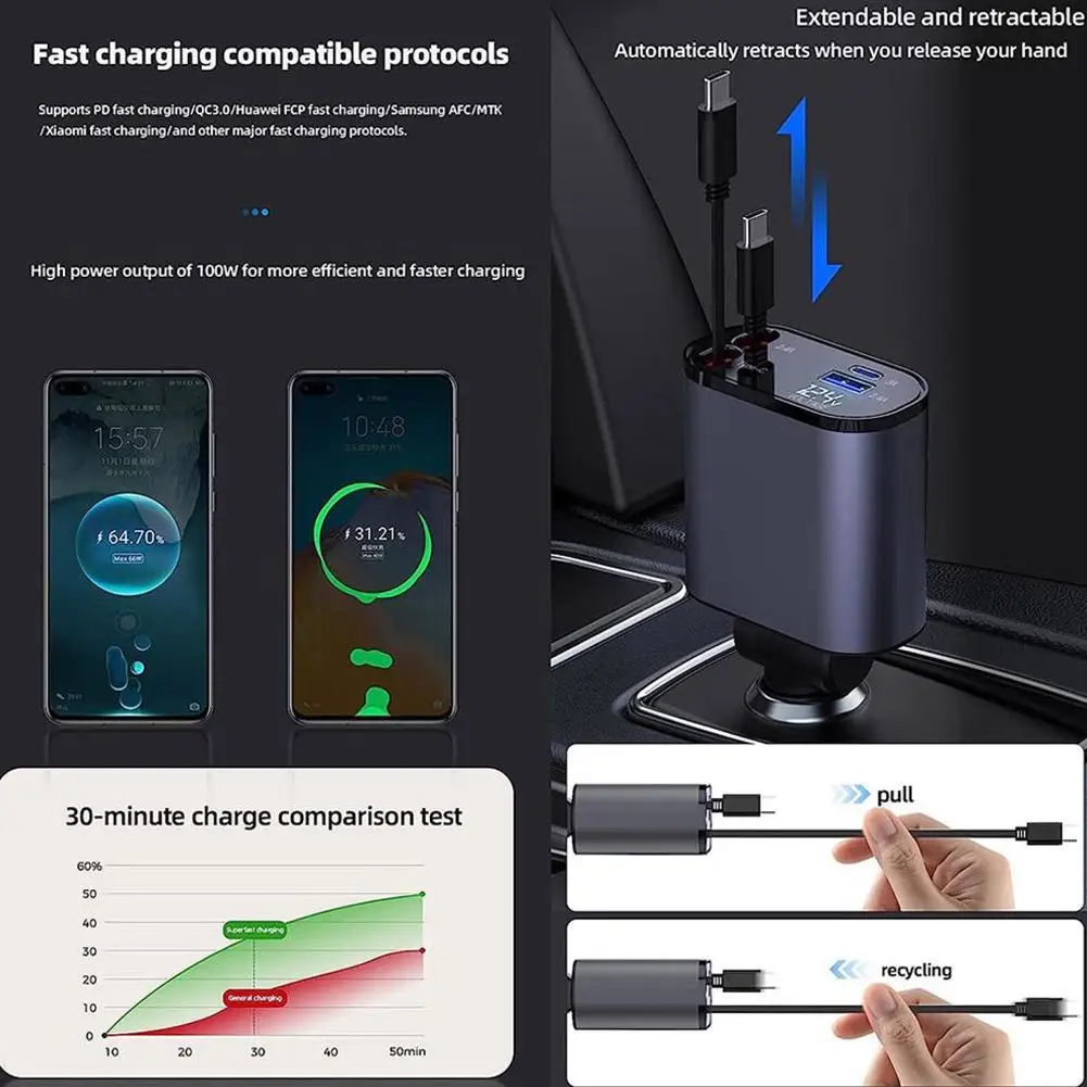 100w 4 IN 1 Retractable Car Charger USB Type C Cable For IPhone Huawei Samsung Fast Charge Cord Cigarette Lighter Adapter
