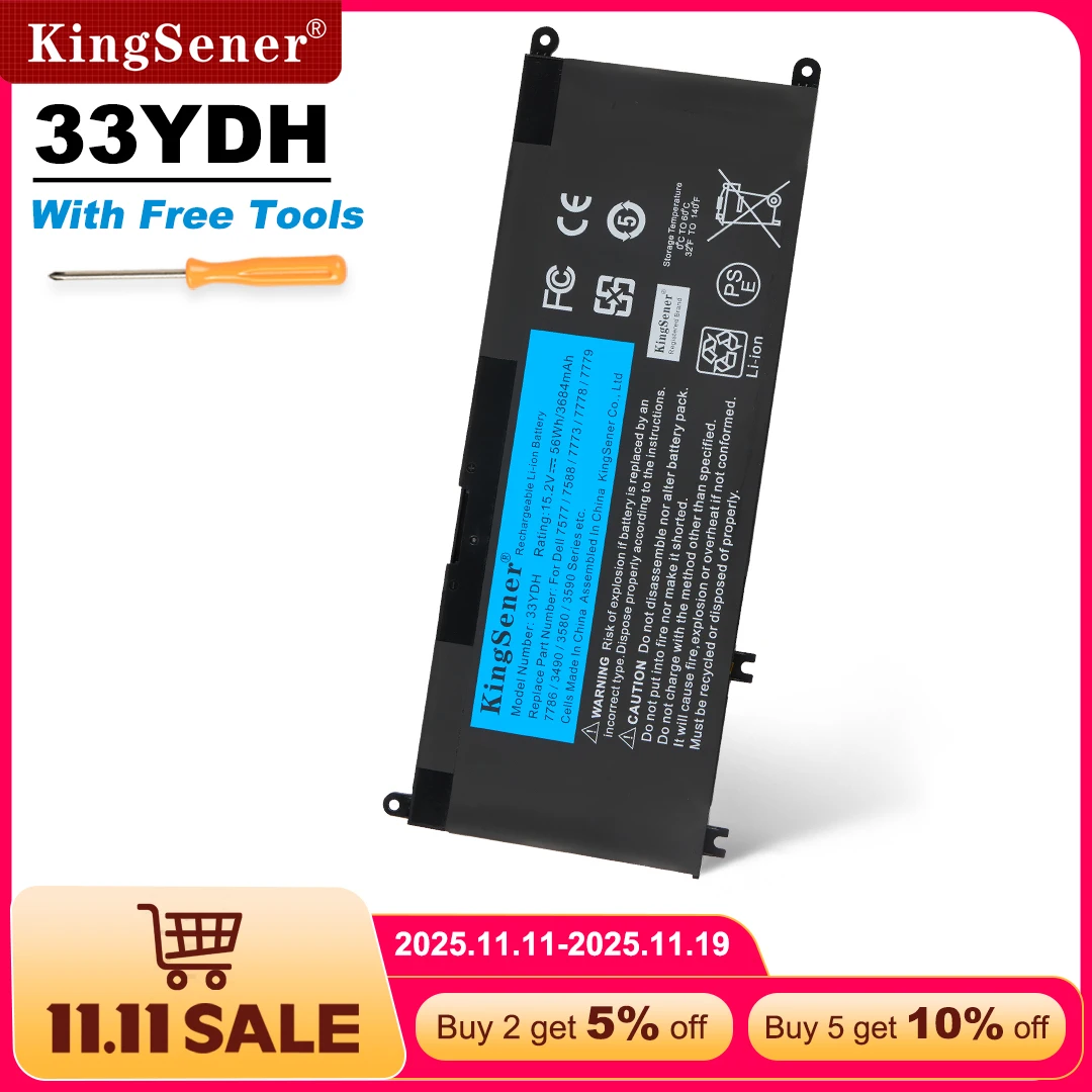 

KingSener 15,2 В 56 Втч 33YDH Аккумулятор для ноутбука DELL Inspiron 17 7778 7779 7773 15 7577 G3 15 3579 5587 17 3779 7588 P30E Series
