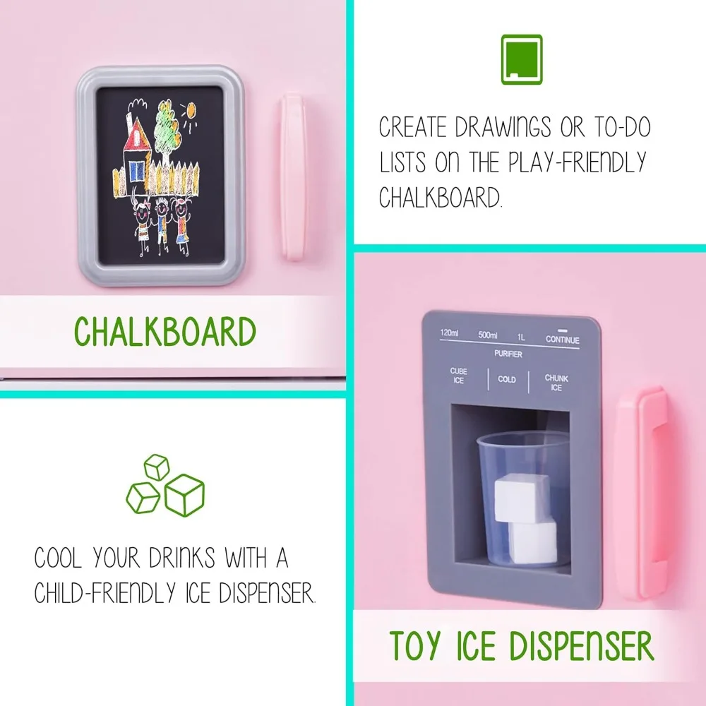 Kids Kitchen Set, Pretend Wooden Play Kitchen with Chalk Board, Play Phone, Rack & Ice Dispenser, Clicking Knobs