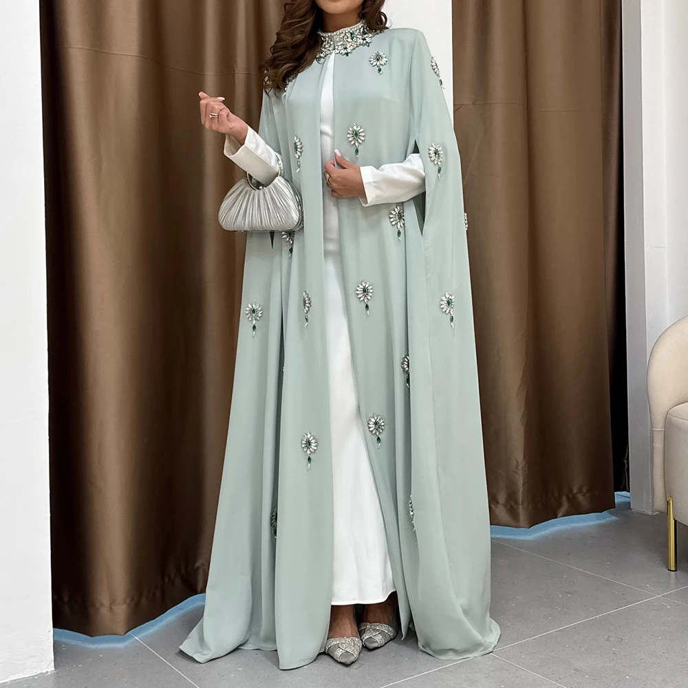 

Customized A-line Evening Dresses Floor-length High-neck Full Sleeve Prom Gown Fashion Crystal Coat Simple Draped Party Gown